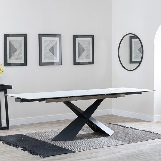 Hayden 6-10 Seater White Ceramic Extending Dining Table with Black Cross Base